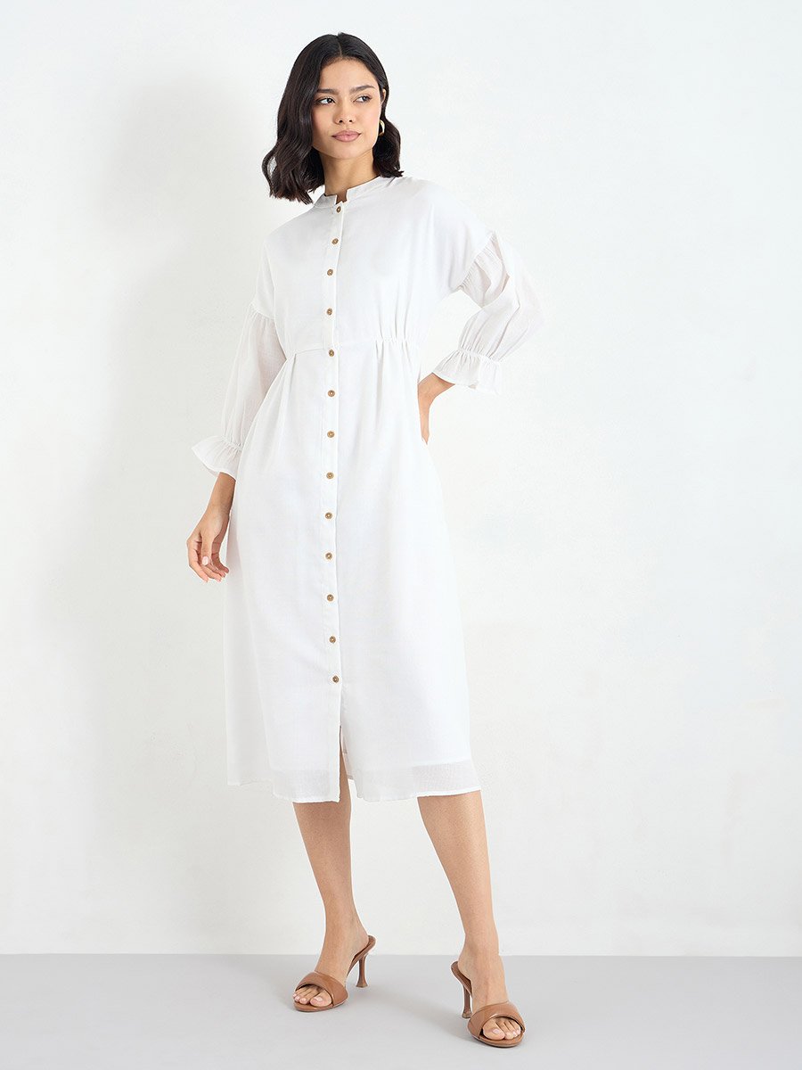 White Buttoned Midi Dress with 3/4 Sleeves