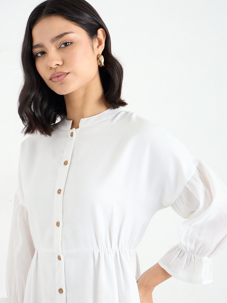 White Buttoned Midi Dress with 3/4 Sleeves