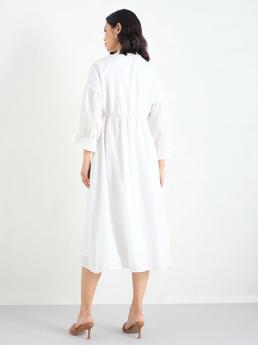 White Buttoned Midi Dress with 3/4 Sleeves