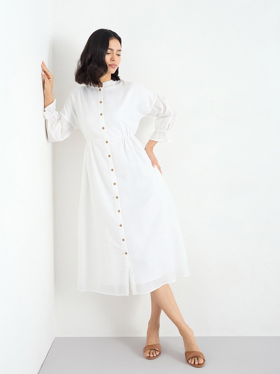 White Buttoned Midi Dress with 3/4 Sleeves
