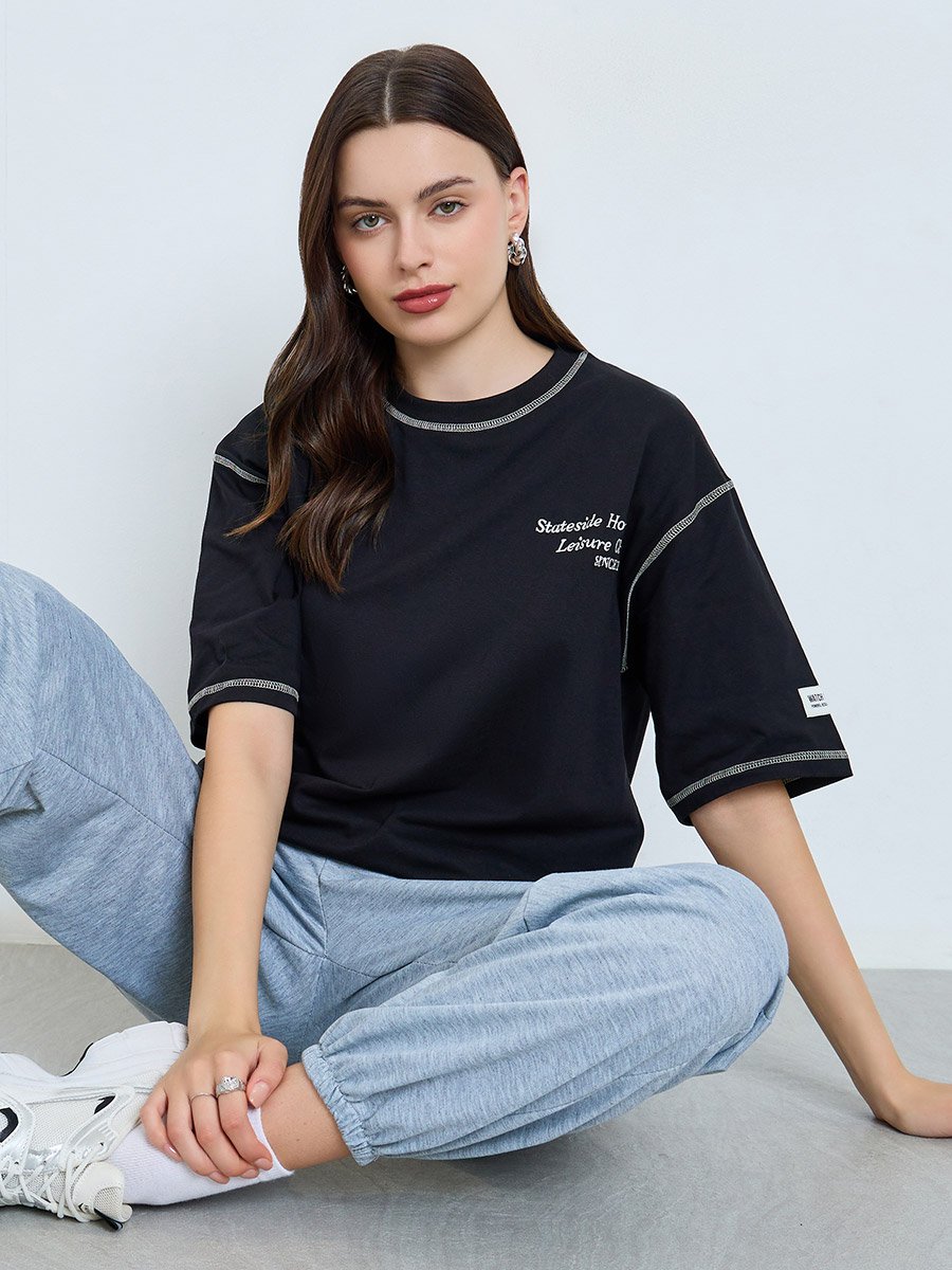 Black Embroidered Oversized T-Shirt with Contrast Stitching
