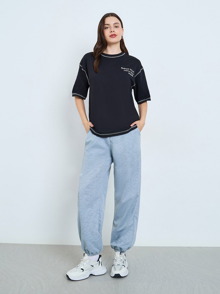 Black Embroidered Oversized T-Shirt with Contrast Stitching
