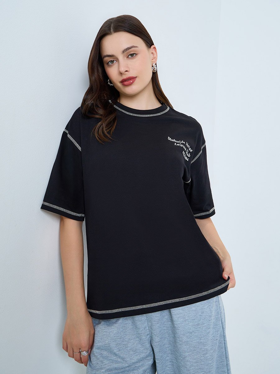 Black Embroidered Oversized T-Shirt with Contrast Stitching