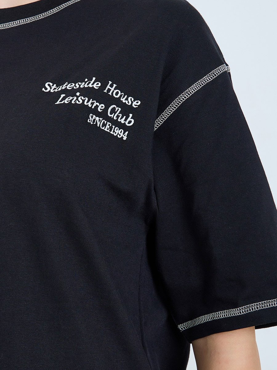 Black Embroidered Oversized T-Shirt with Contrast Stitching