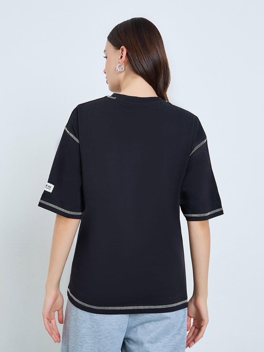 Black Embroidered Oversized T-Shirt with Contrast Stitching