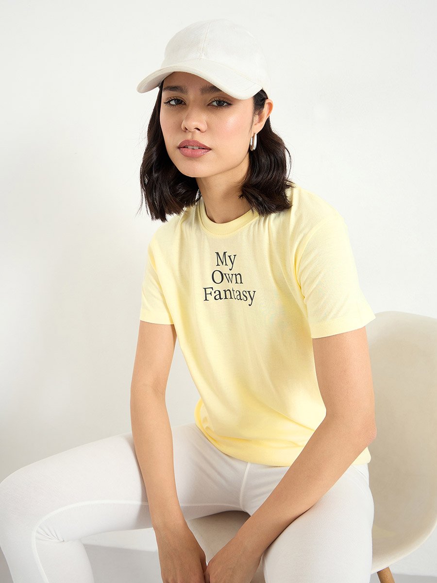 Yellow Slogan Print 100% Cotton T-Shirt