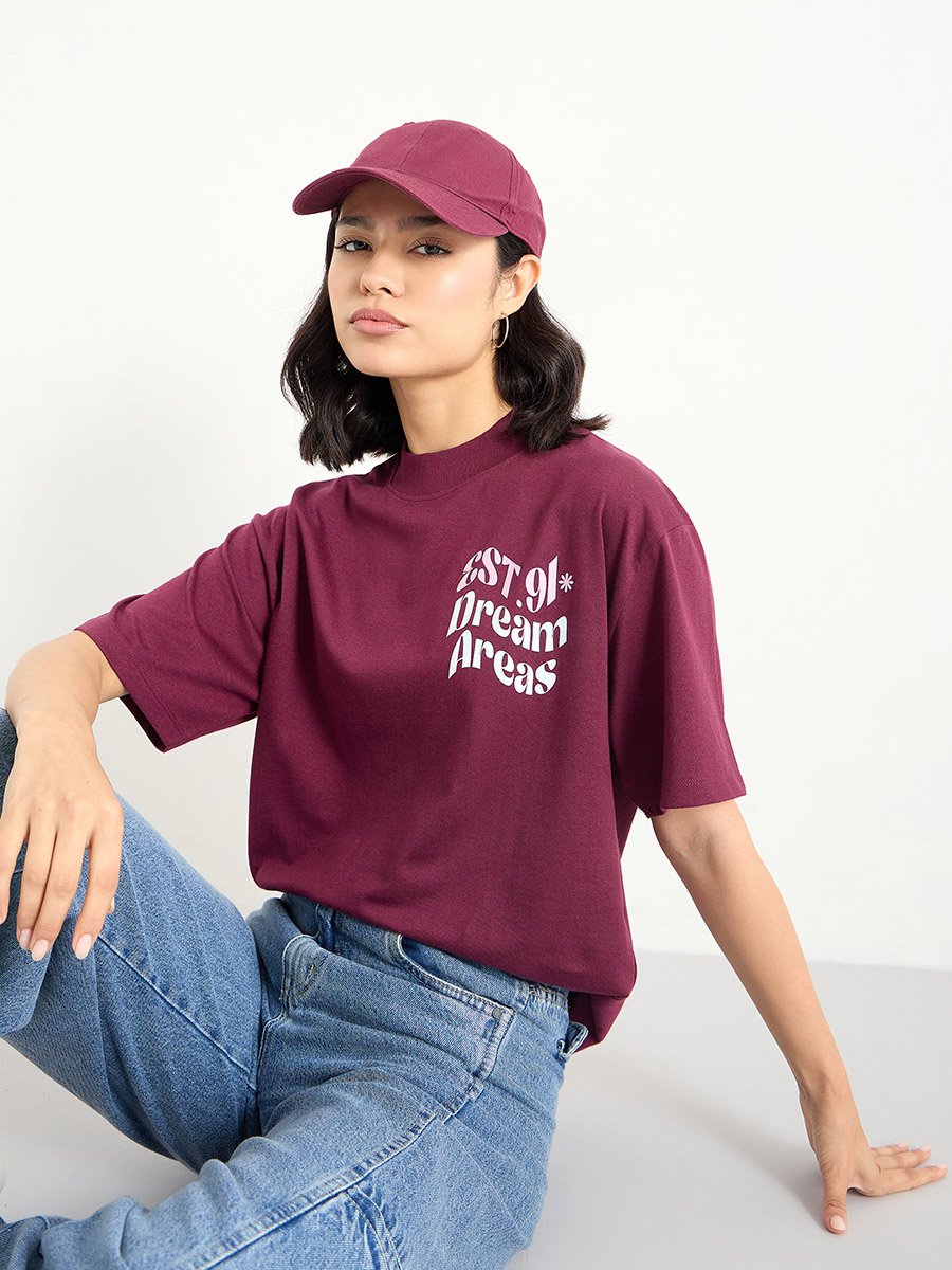 Burgundy Slogan Oversized 100% Cotton T-Shirt