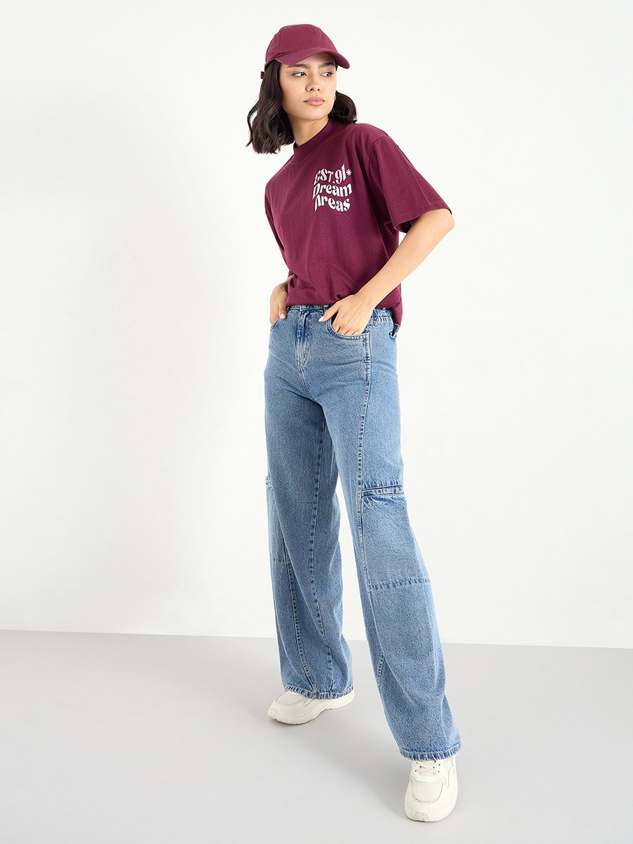 Burgundy Slogan Oversized 100% Cotton T-Shirt