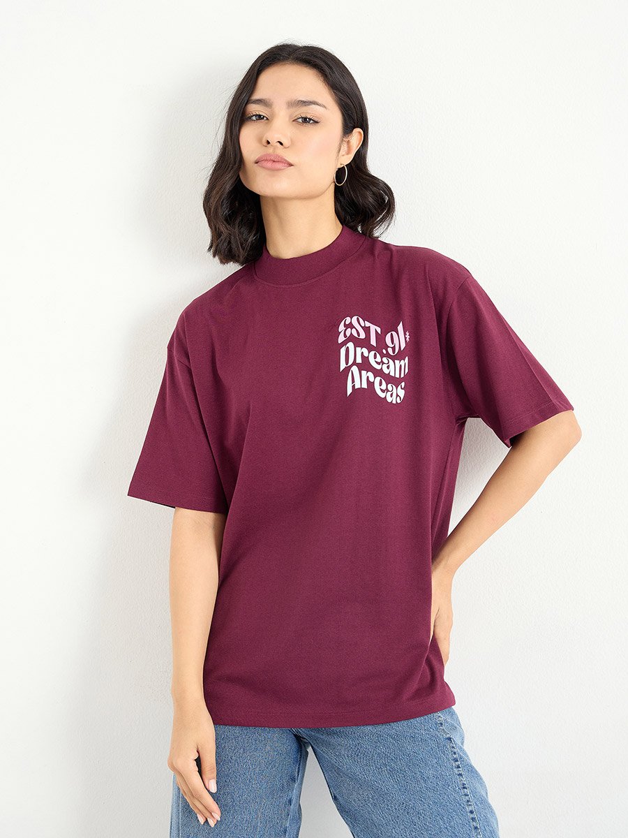 Burgundy Slogan Oversized 100% Cotton T-Shirt
