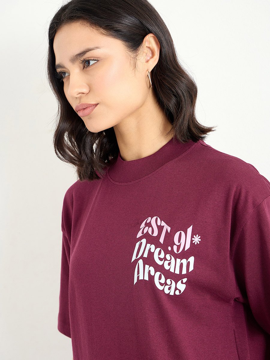 Burgundy Slogan Oversized 100% Cotton T-Shirt