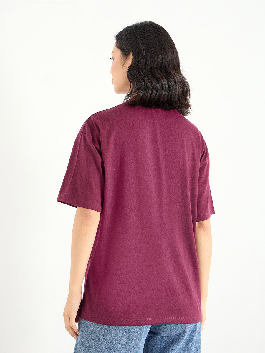 Burgundy Slogan Oversized 100% Cotton T-Shirt