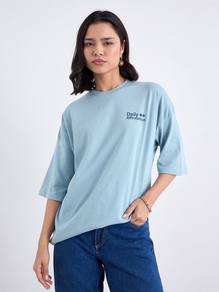 Blue Oversized Slogan Print 100% Cotton T-Shirt