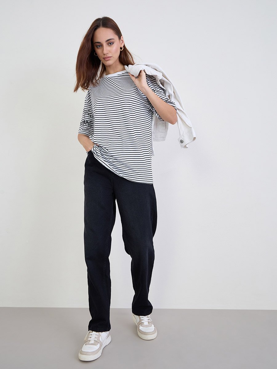 Striped Embroidered Sleeve Oversized 100% Cotton T-Shirt