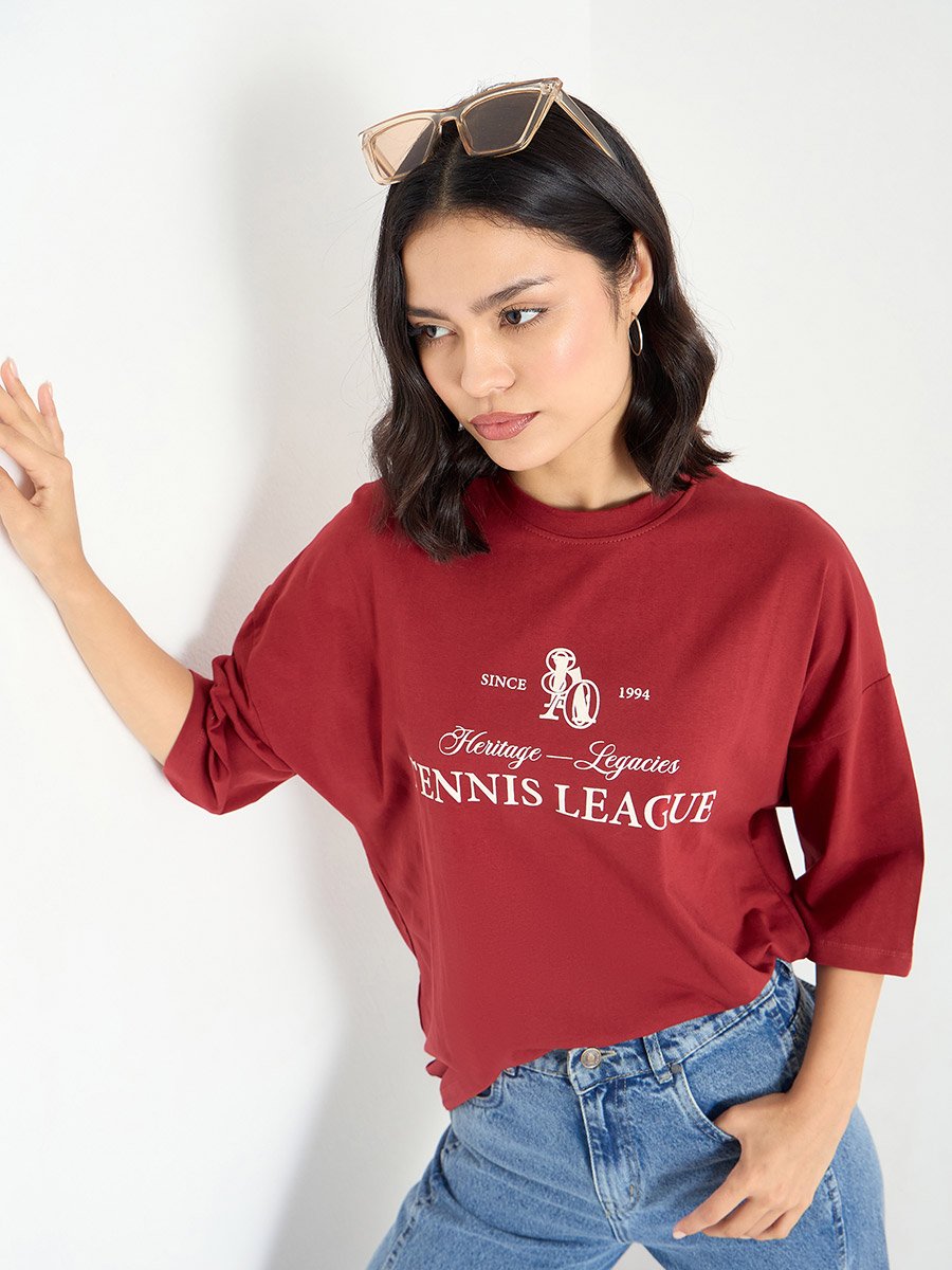 Red Oversized 100% Cotton T-Shirt with Dropped Shoulder