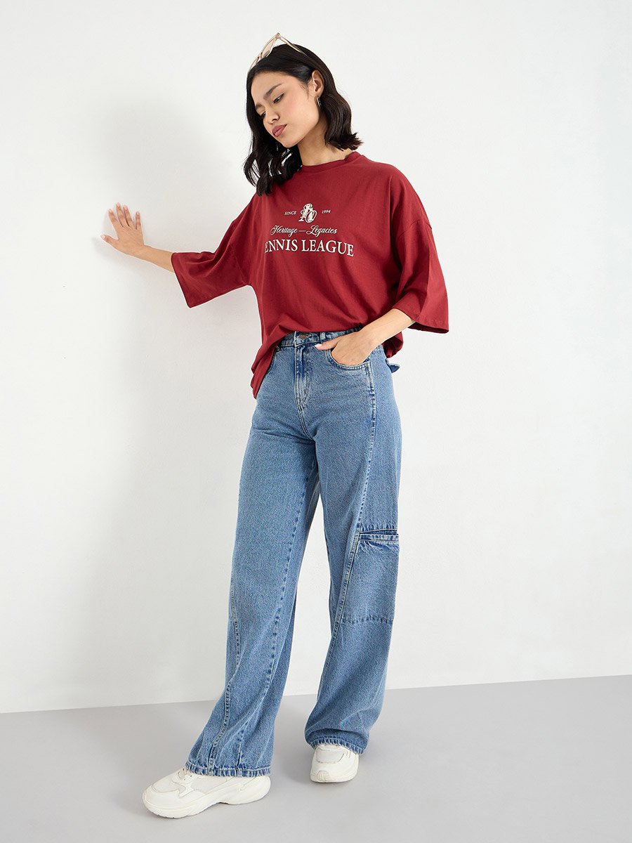 Red Oversized 100% Cotton T-Shirt with Dropped Shoulder