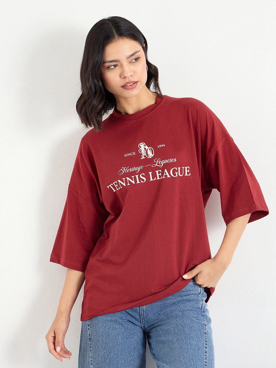 Red Oversized 100% Cotton T-Shirt with Dropped Shoulder