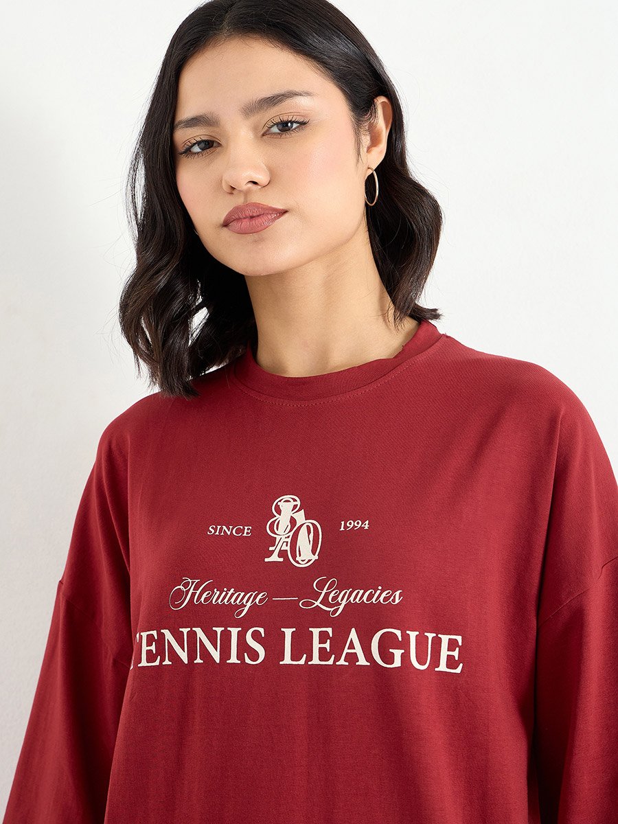 Red Oversized 100% Cotton T-Shirt with Dropped Shoulder