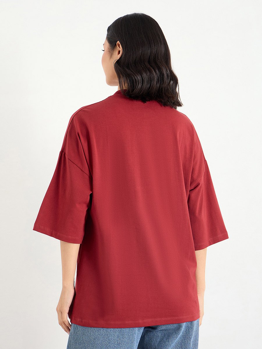 Red Oversized 100% Cotton T-Shirt with Dropped Shoulder