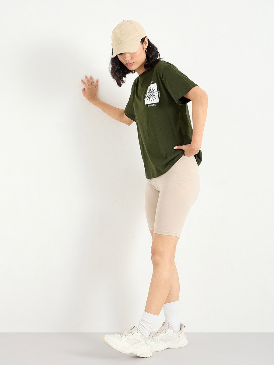 Dark Green Graphic Print 100% Cotton T-Shirt