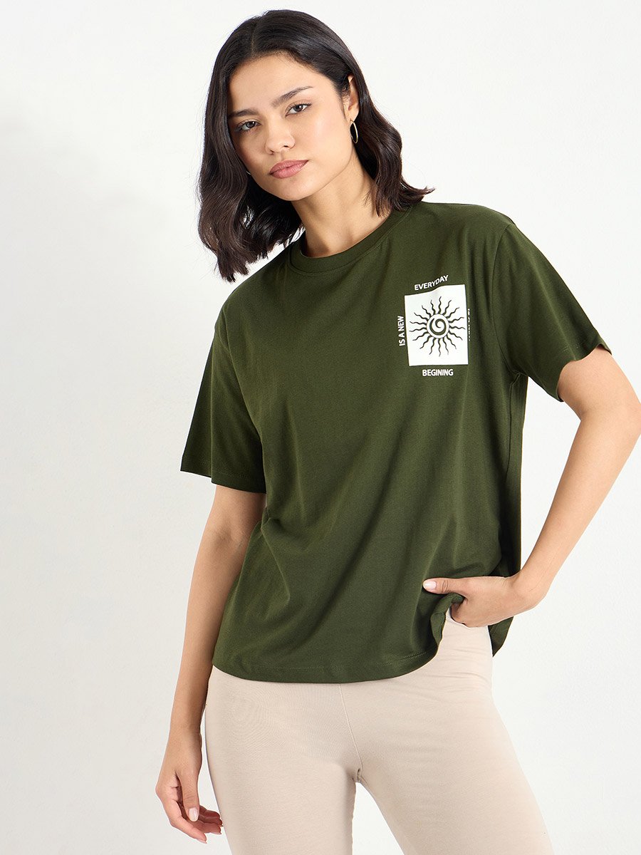 Dark Green Graphic Print 100% Cotton T-Shirt