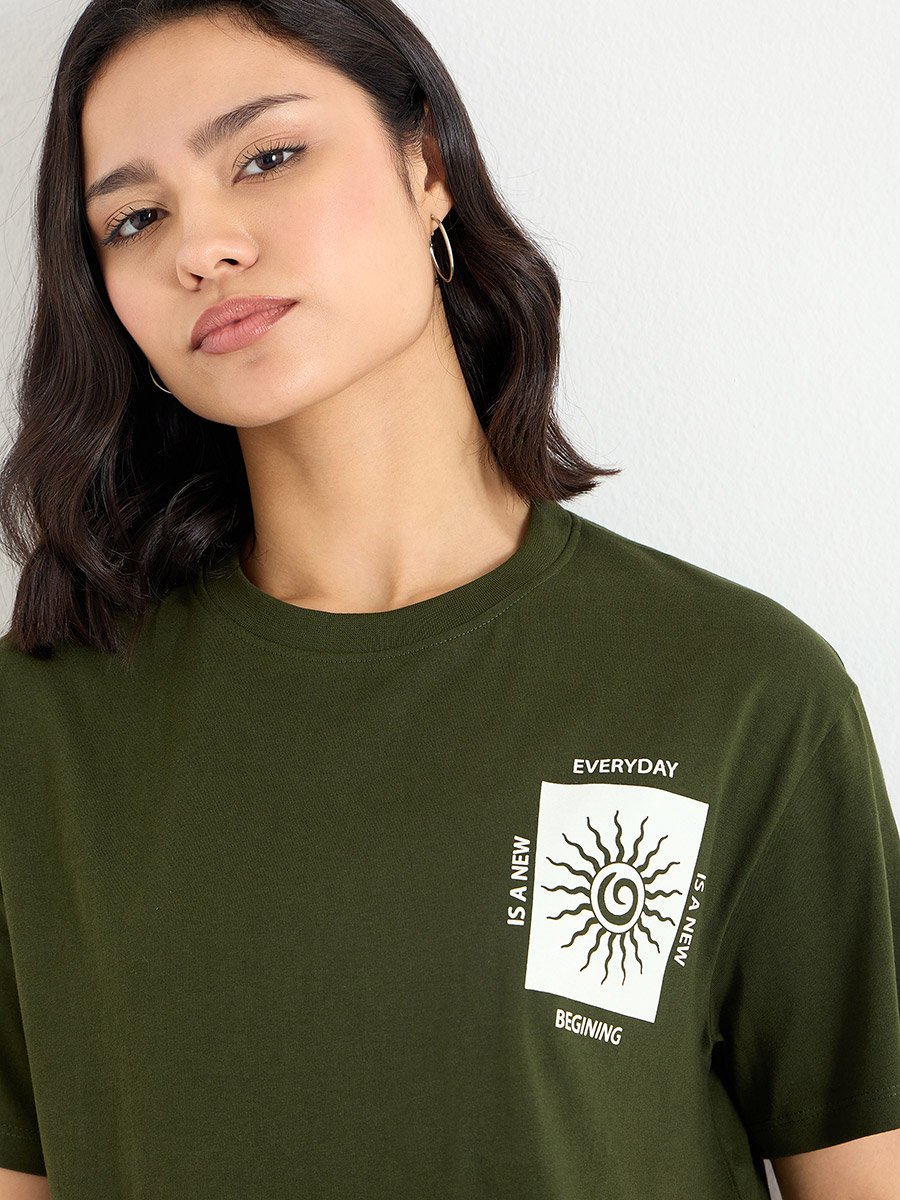 Dark Green Graphic Print 100% Cotton T-Shirt
