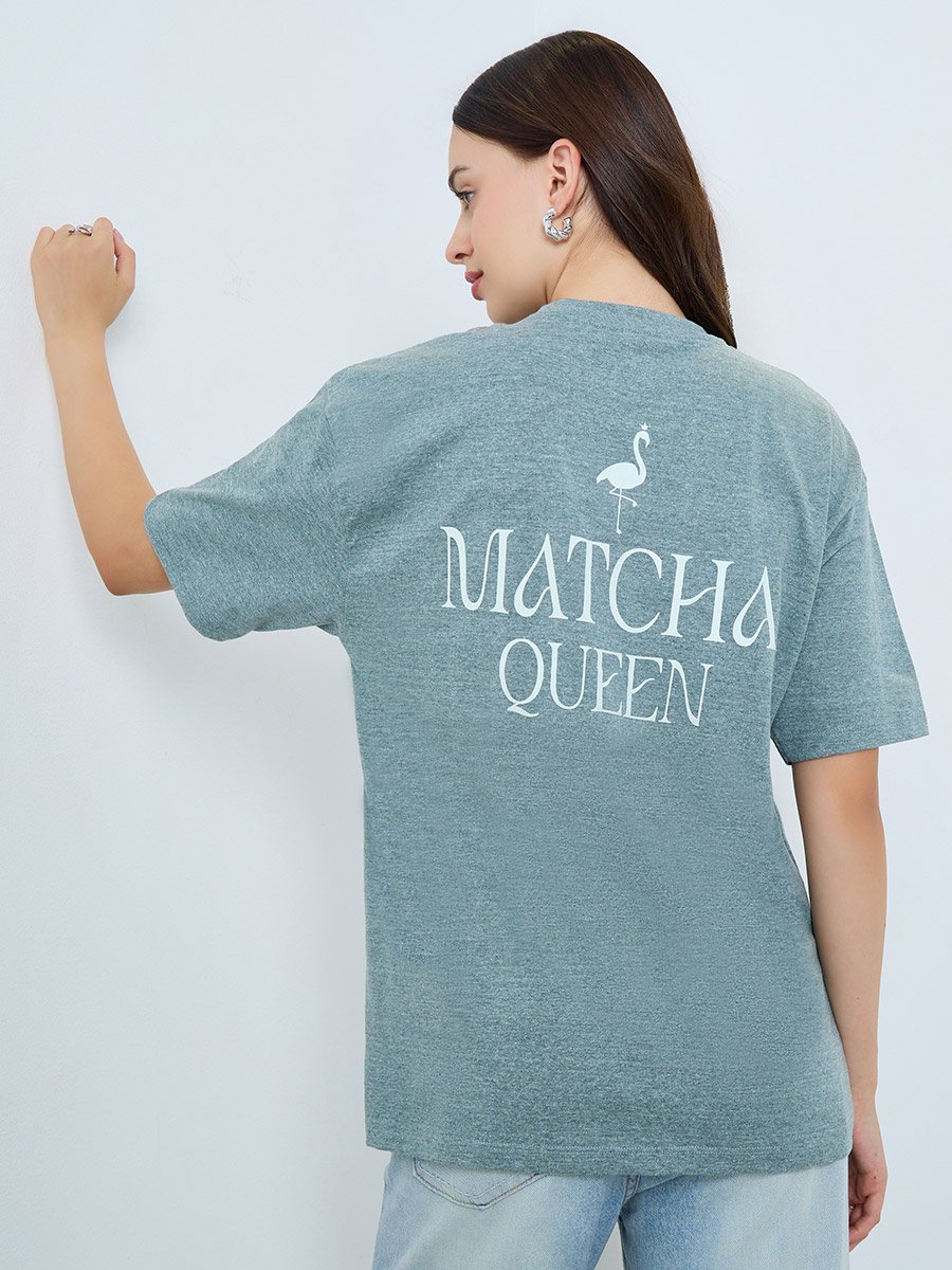 Green Oversized Melange Graphic 100% Cotton T-Shirt