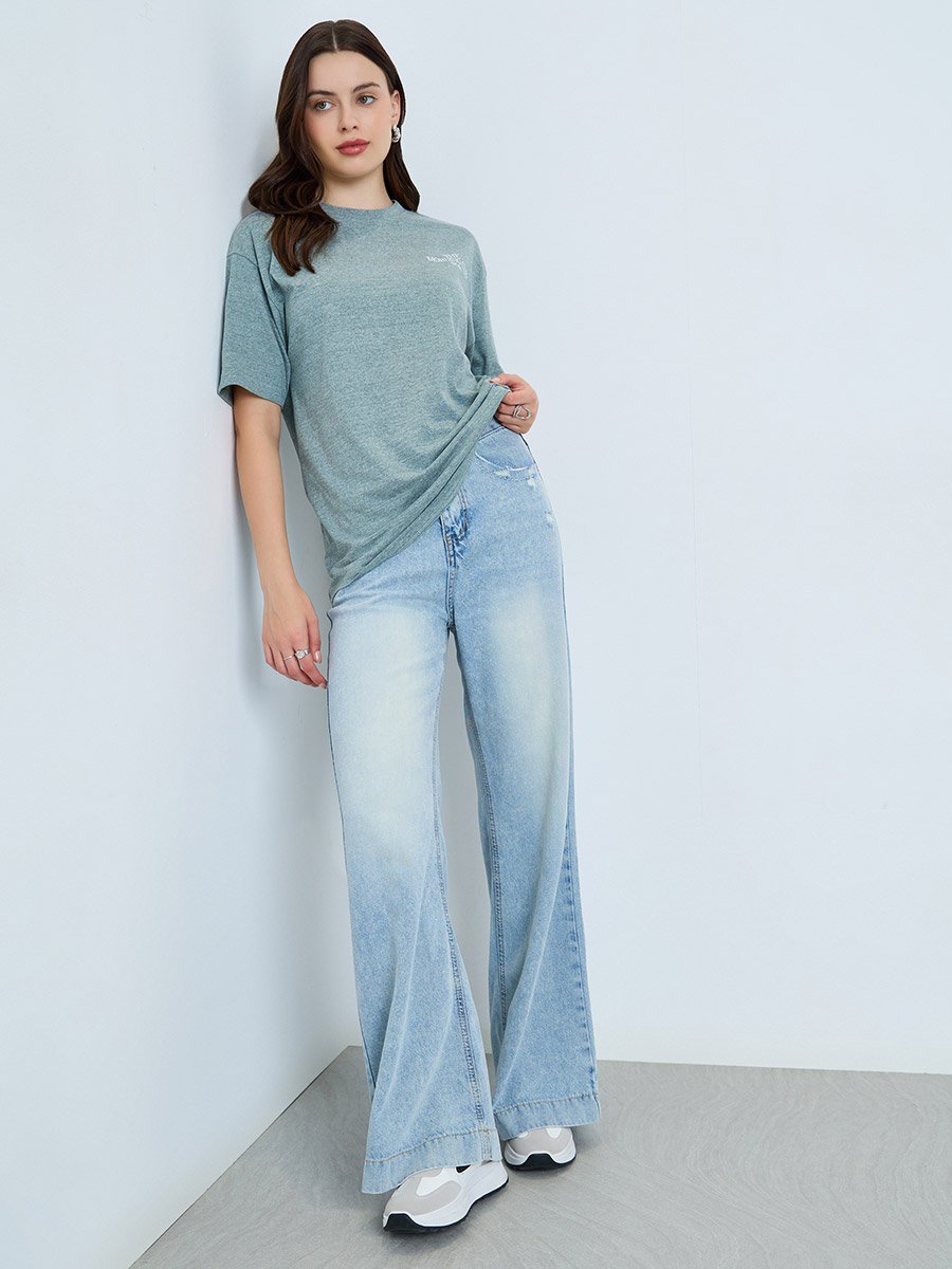 Green Oversized Melange Graphic 100% Cotton T-Shirt