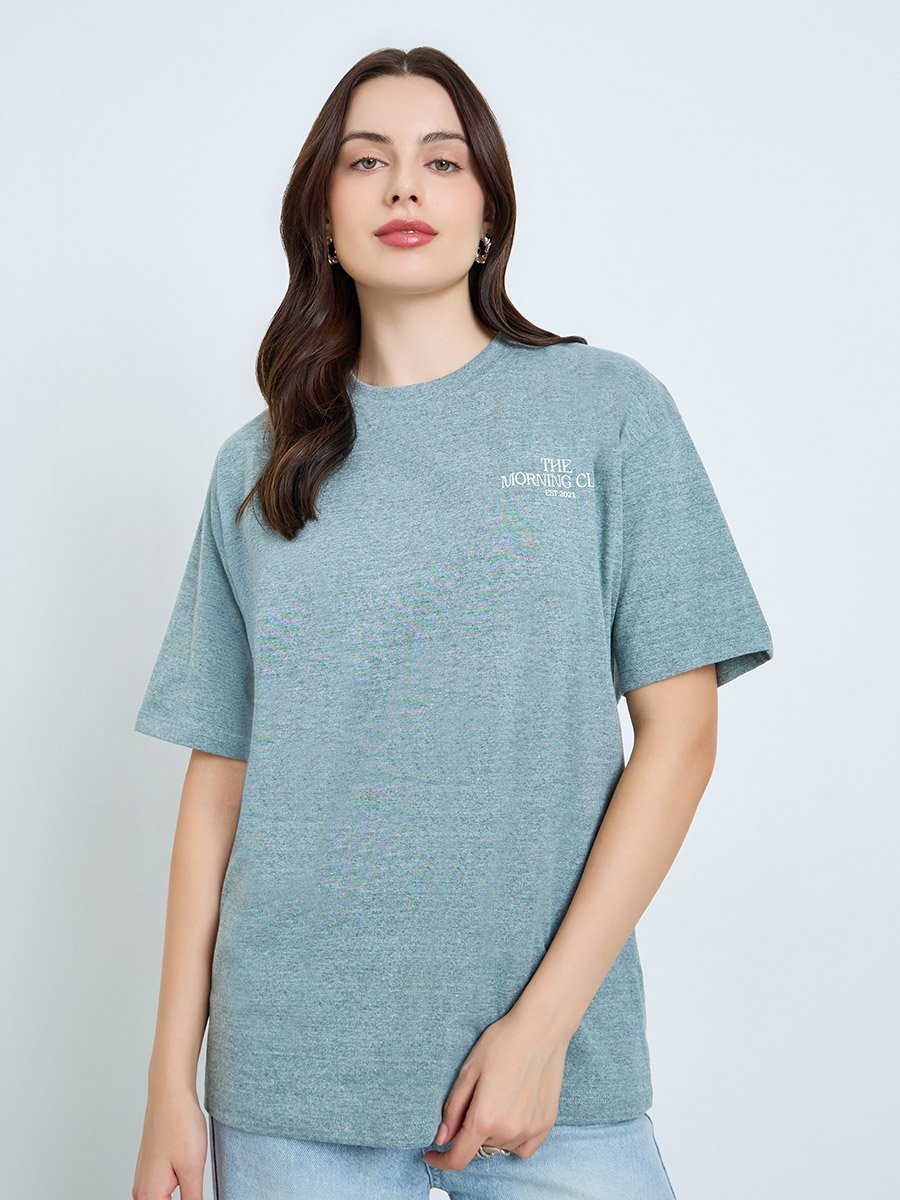 Green Oversized Melange Graphic 100% Cotton T-Shirt