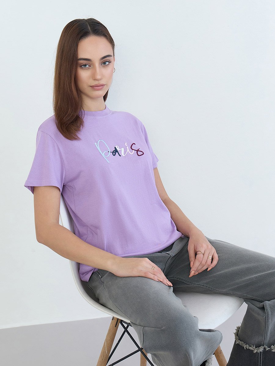 Lilac Embroidered Regular Fit 100% Cotton T-Shirt