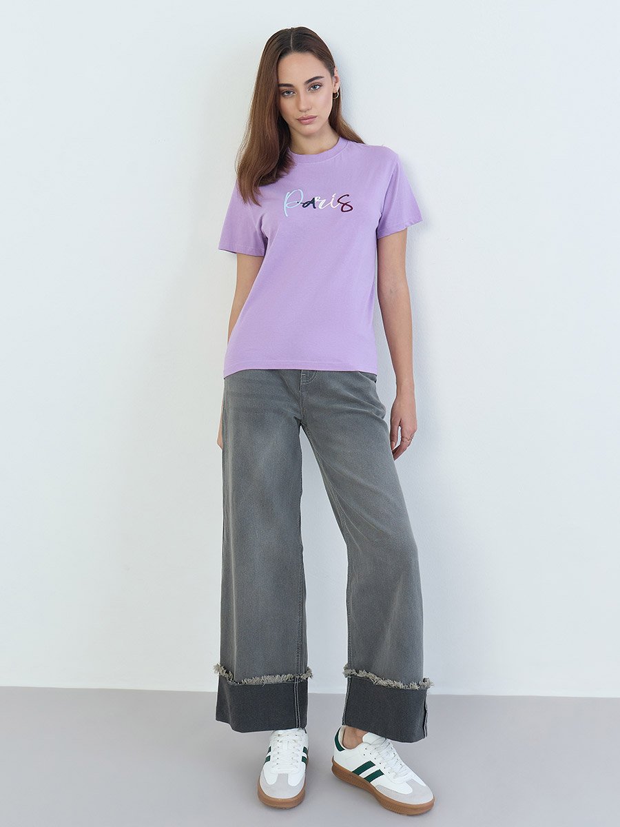 Lilac Embroidered Regular Fit 100% Cotton T-Shirt