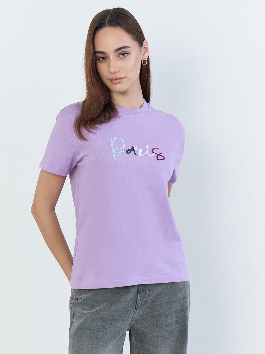 Lilac Embroidered Regular Fit 100% Cotton T-Shirt