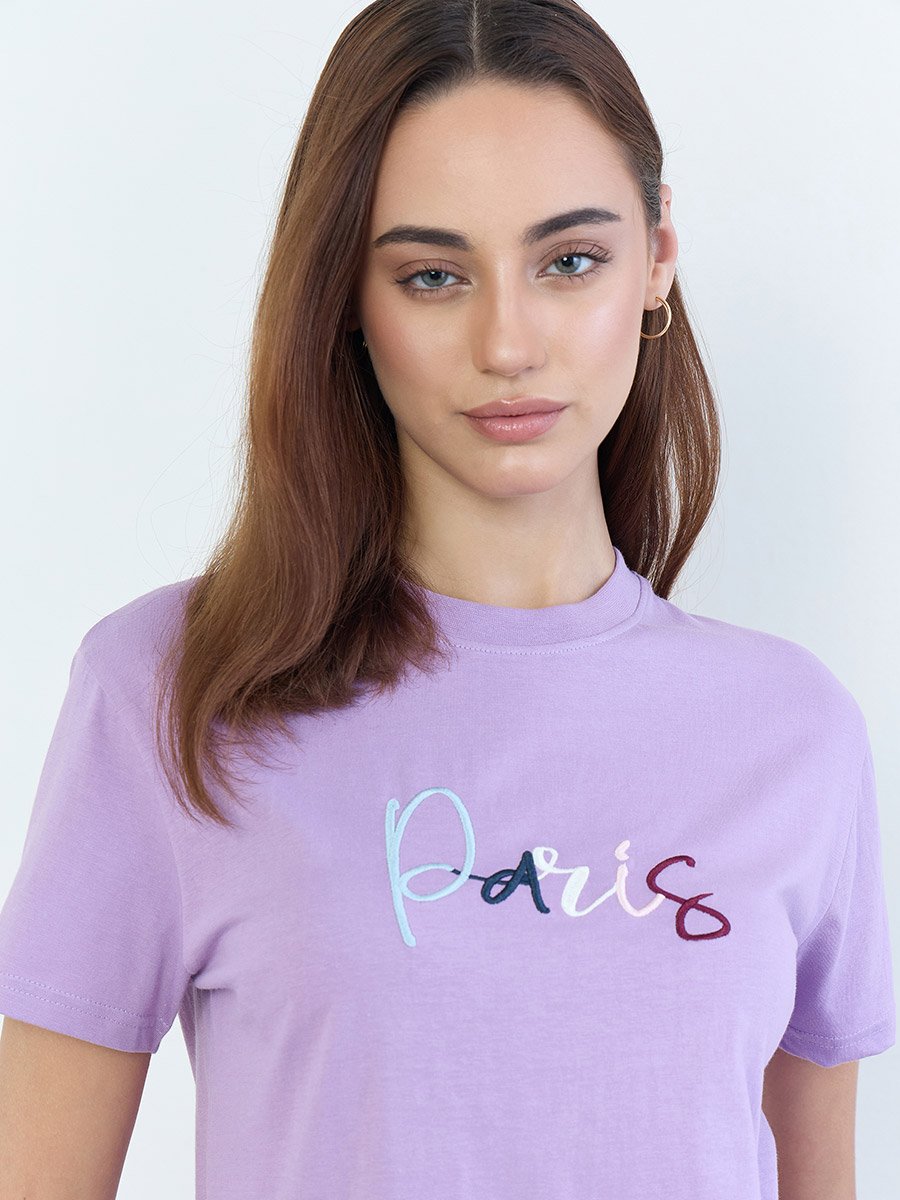 Lilac Embroidered Regular Fit 100% Cotton T-Shirt