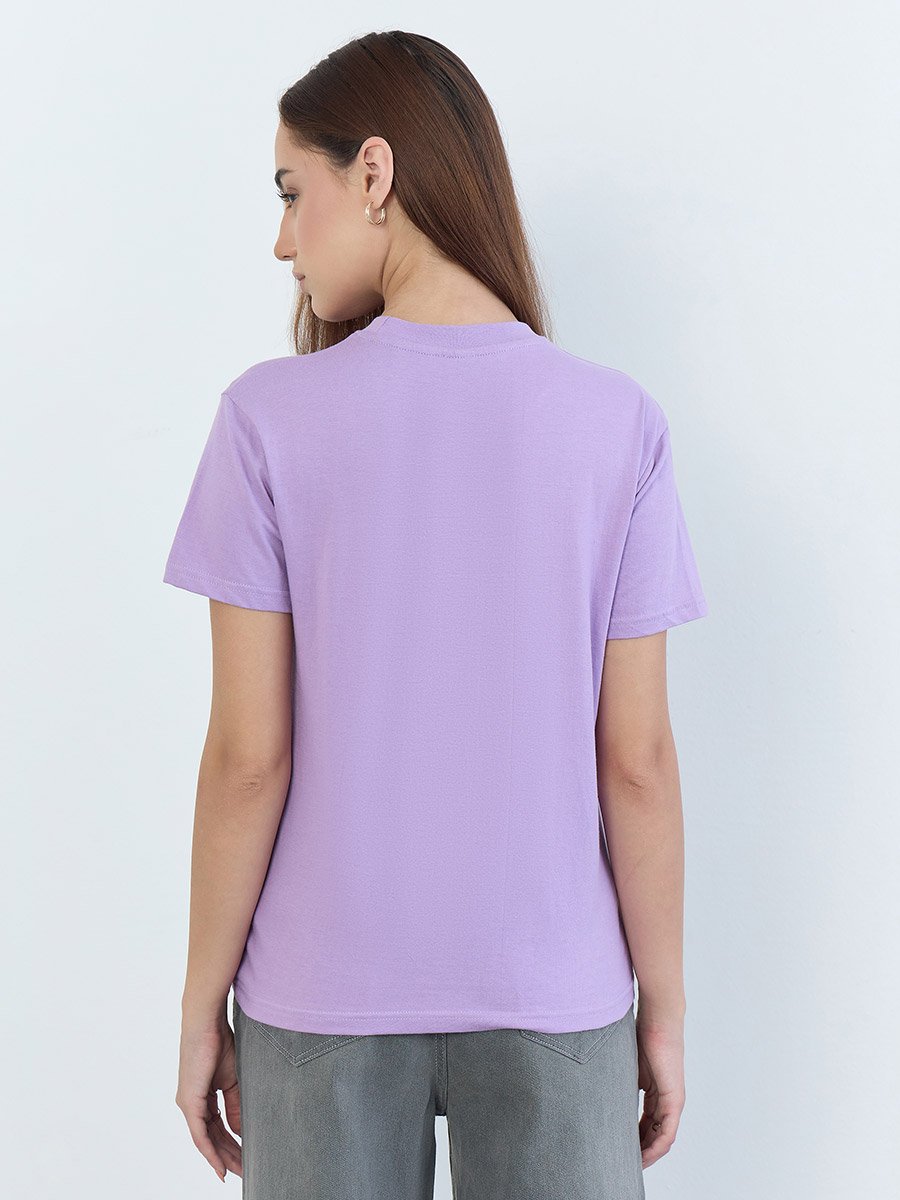 Lilac Embroidered Regular Fit 100% Cotton T-Shirt