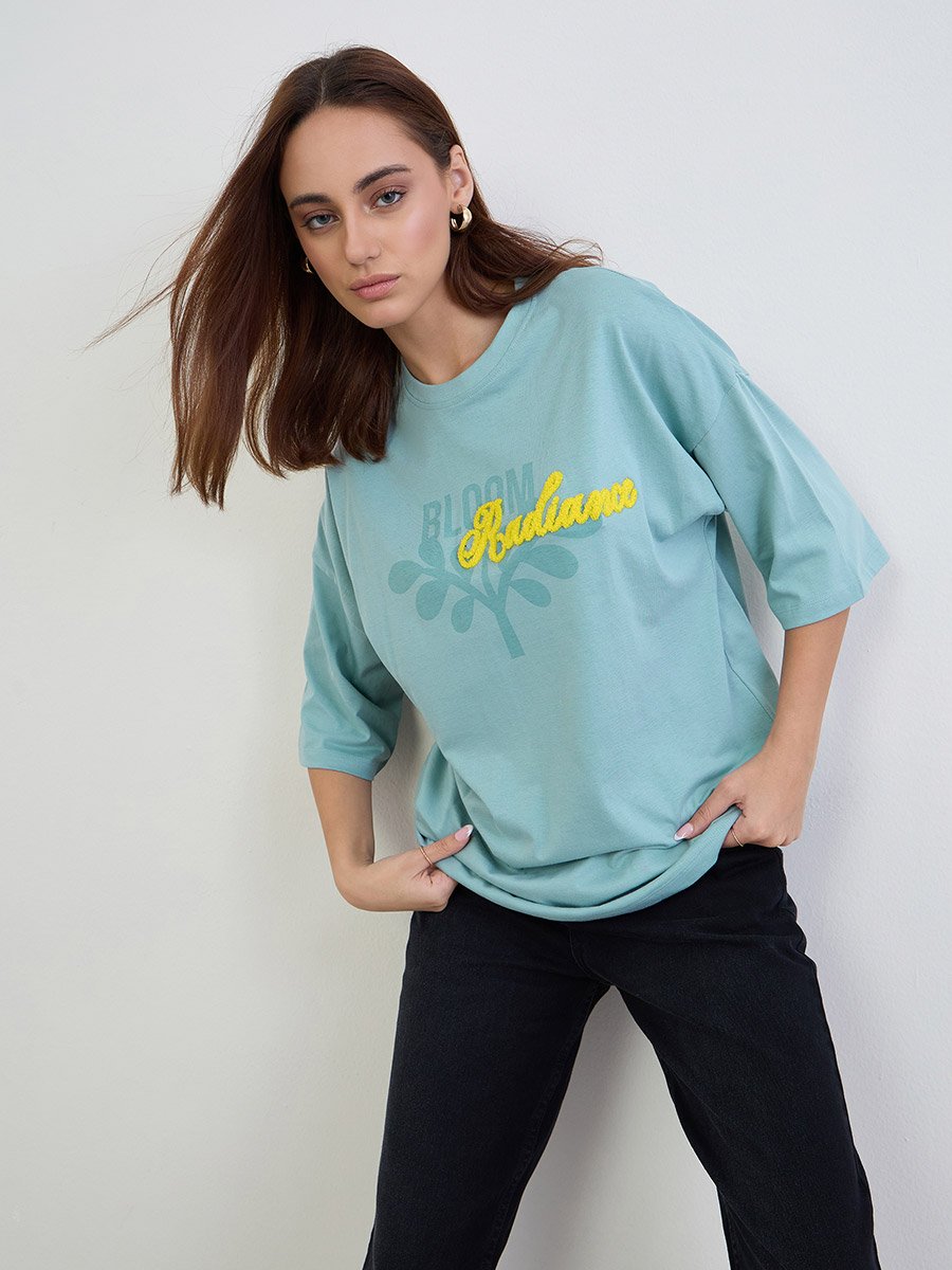 Blue Typography Print Oversized 100% Cotton T-Shirt