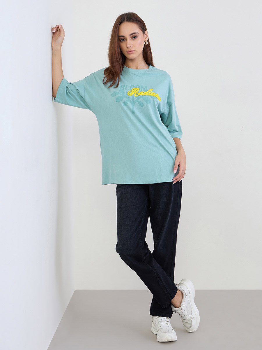 Blue Typography Print Oversized 100% Cotton T-Shirt