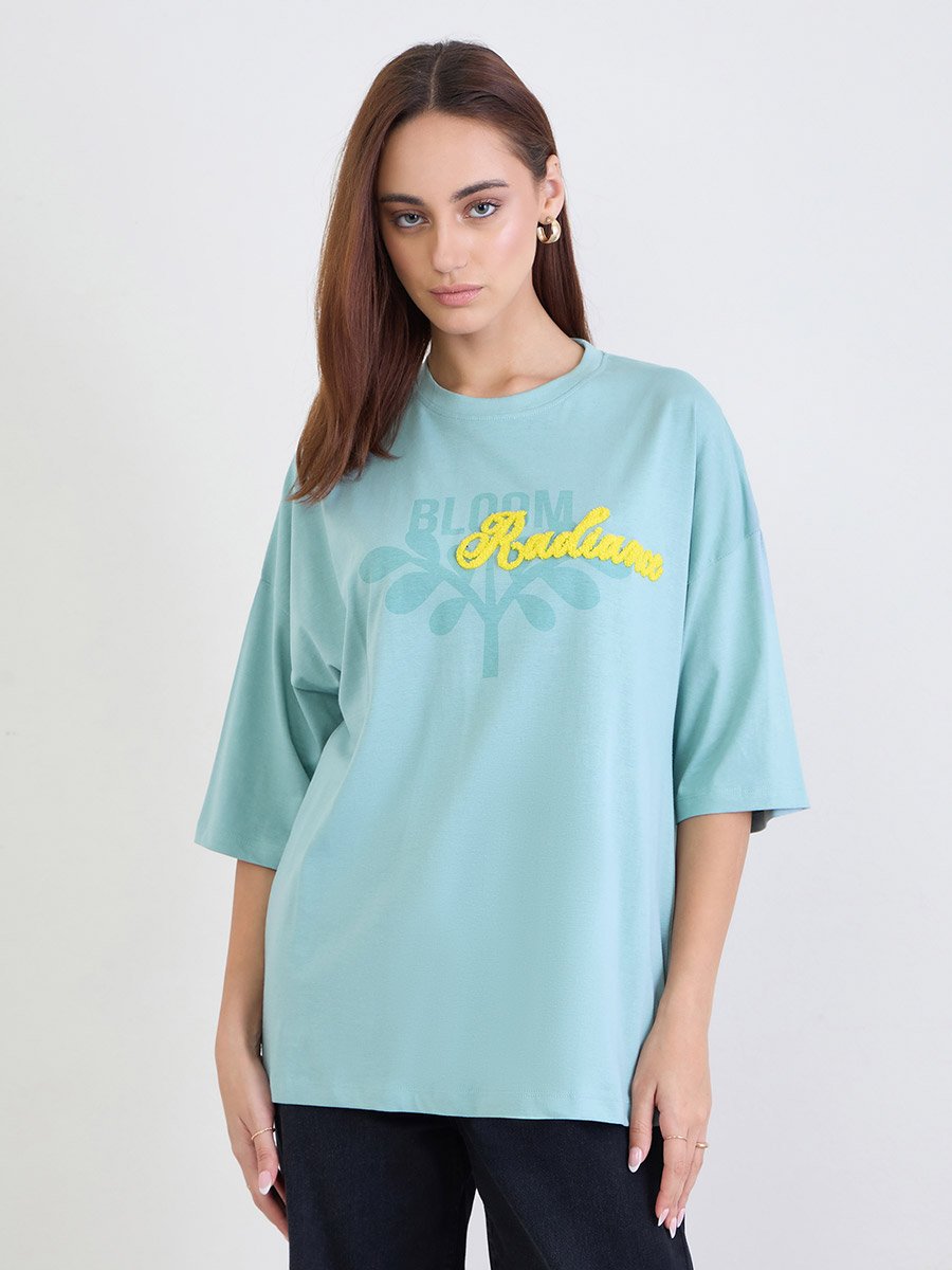 Blue Typography Print Oversized 100% Cotton T-Shirt