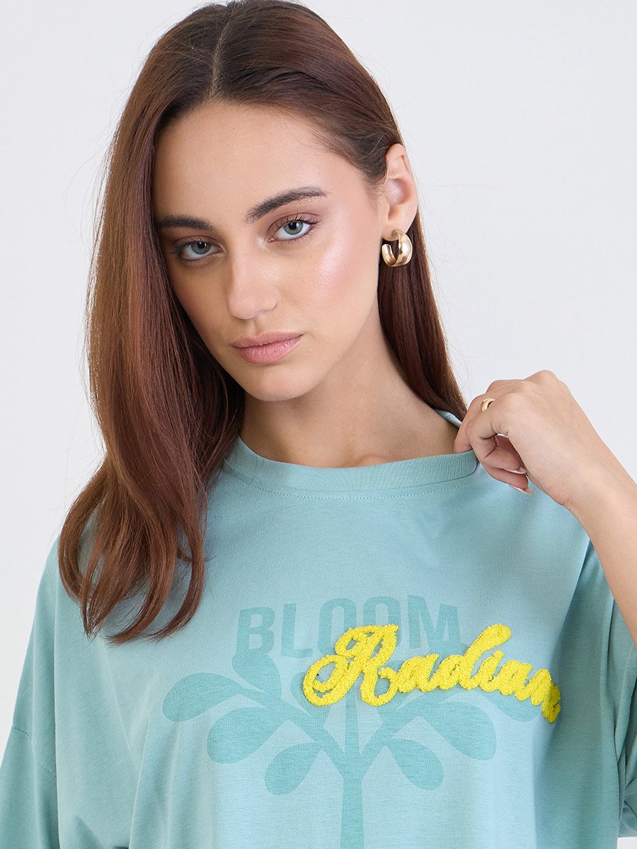 Blue Typography Print Oversized 100% Cotton T-Shirt