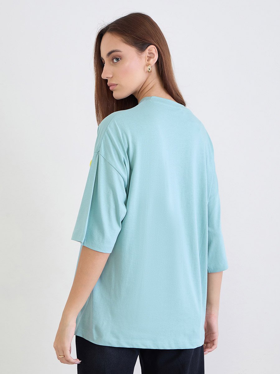 Blue Typography Print Oversized 100% Cotton T-Shirt