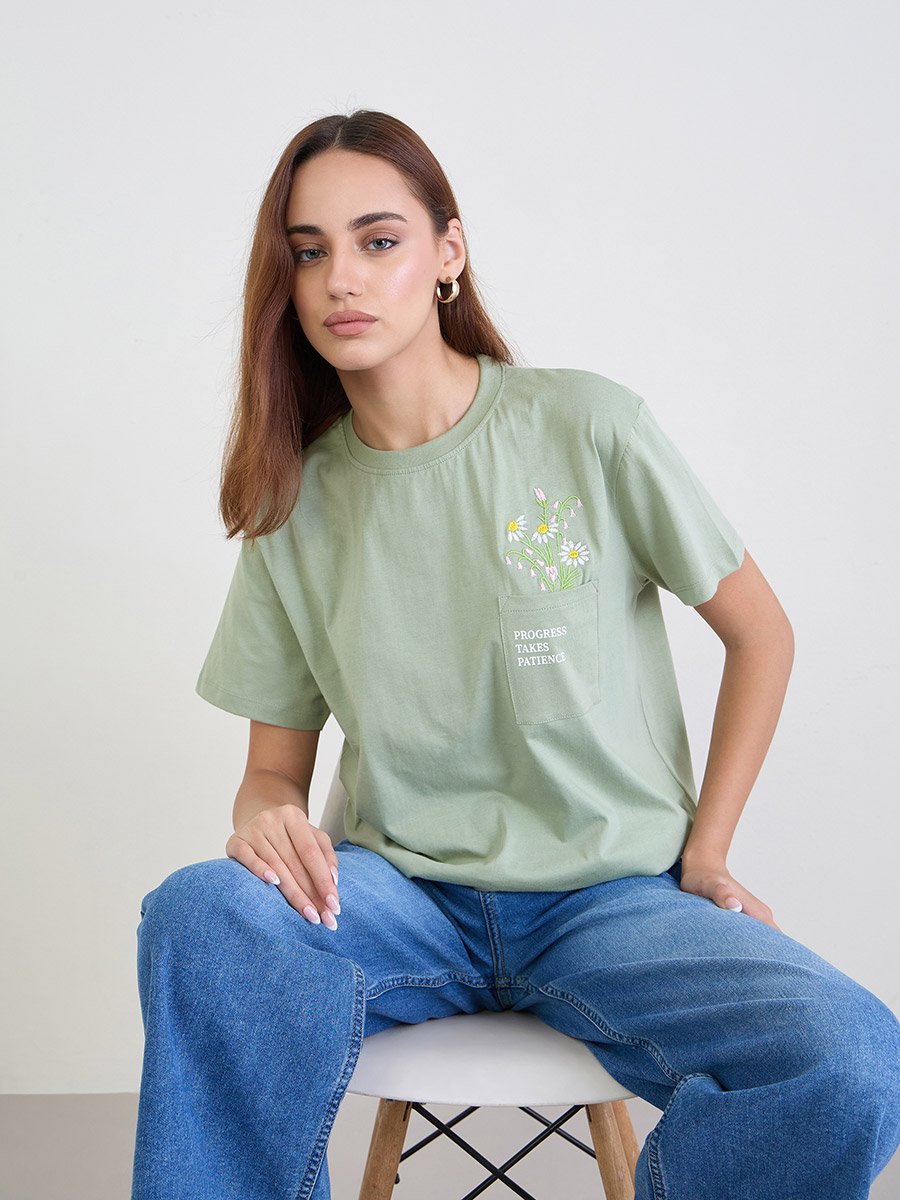 Green Embroidered Floral Pocket 100% Cotton T-Shirt