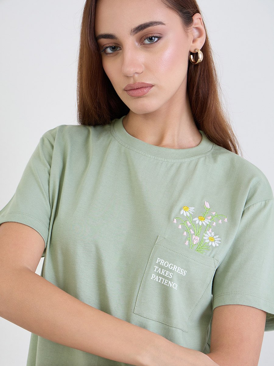 Green Embroidered Floral Pocket 100% Cotton T-Shirt