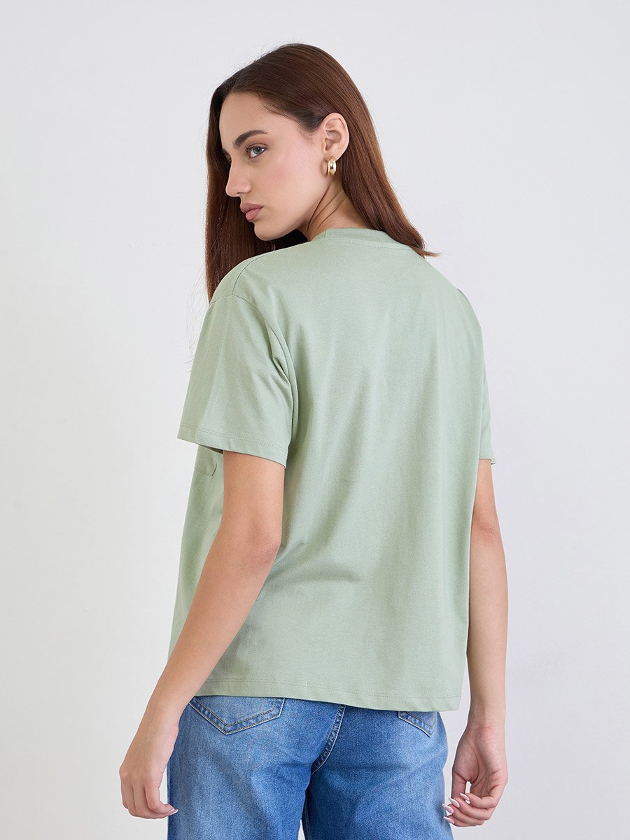 Green Embroidered Floral Pocket 100% Cotton T-Shirt