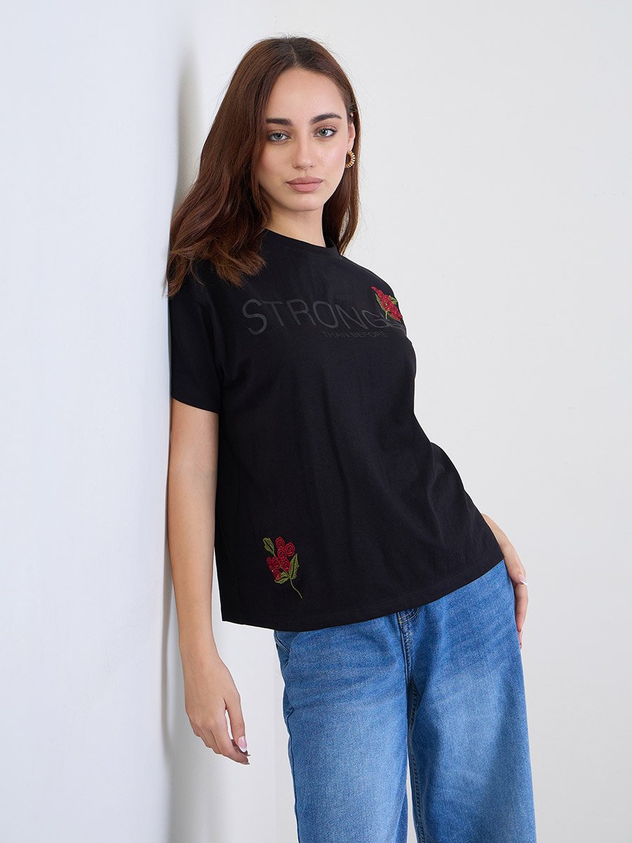 Black Embroidered Slogan Boxy 100% Cotton T-Shirt