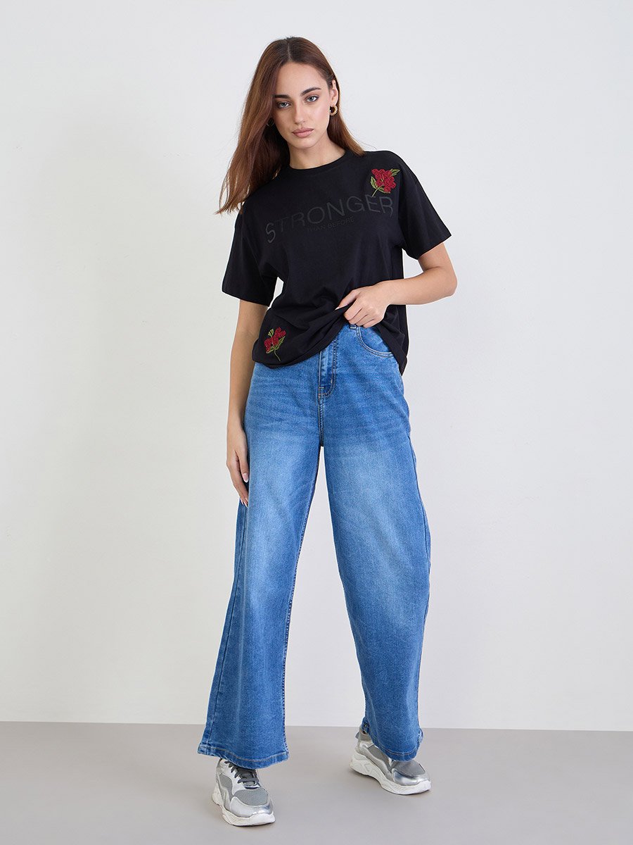 Black Embroidered Slogan Boxy 100% Cotton T-Shirt