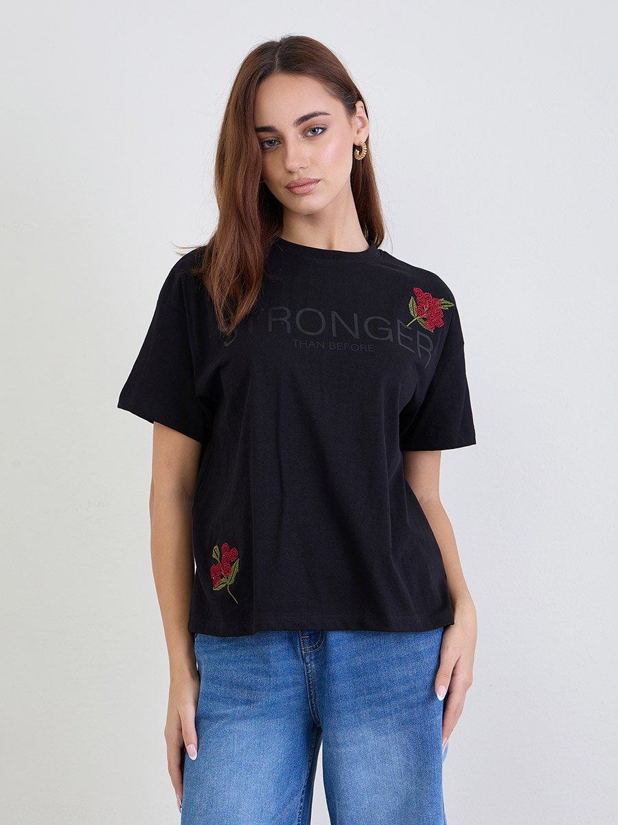 Black Embroidered Slogan Boxy 100% Cotton T-Shirt