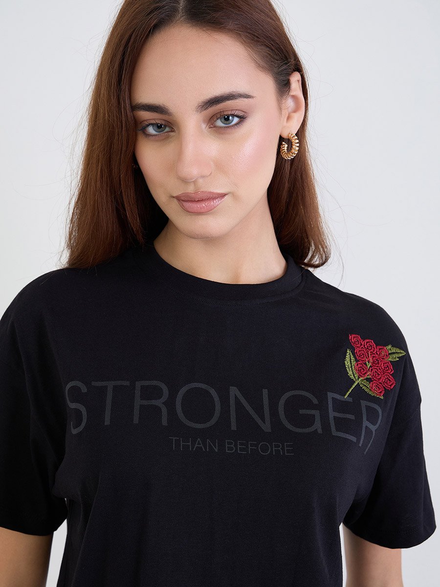 Black Embroidered Slogan Boxy 100% Cotton T-Shirt