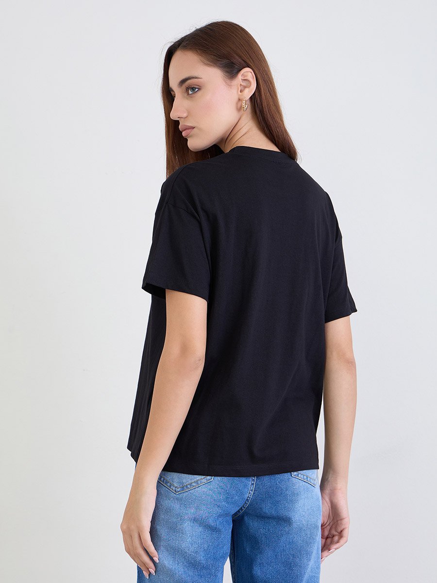 Black Embroidered Slogan Boxy 100% Cotton T-Shirt