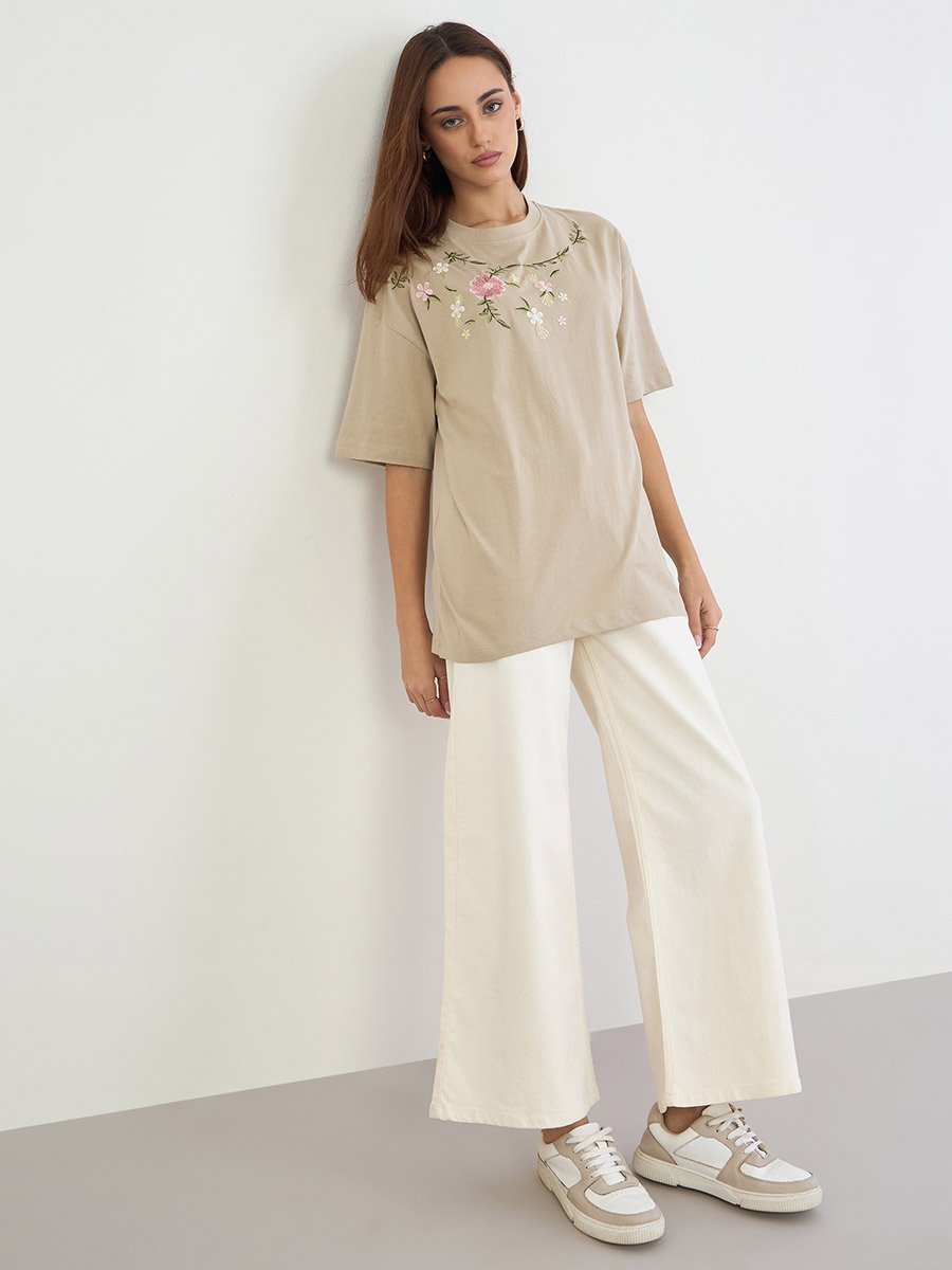 Beige Embroidered Floral Oversized T-Shirt