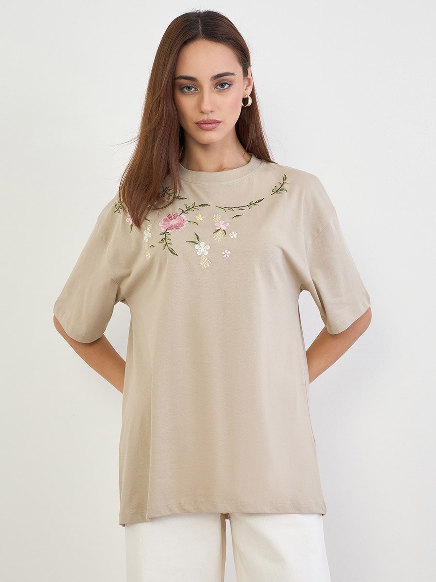 Beige Embroidered Floral Oversized T-Shirt