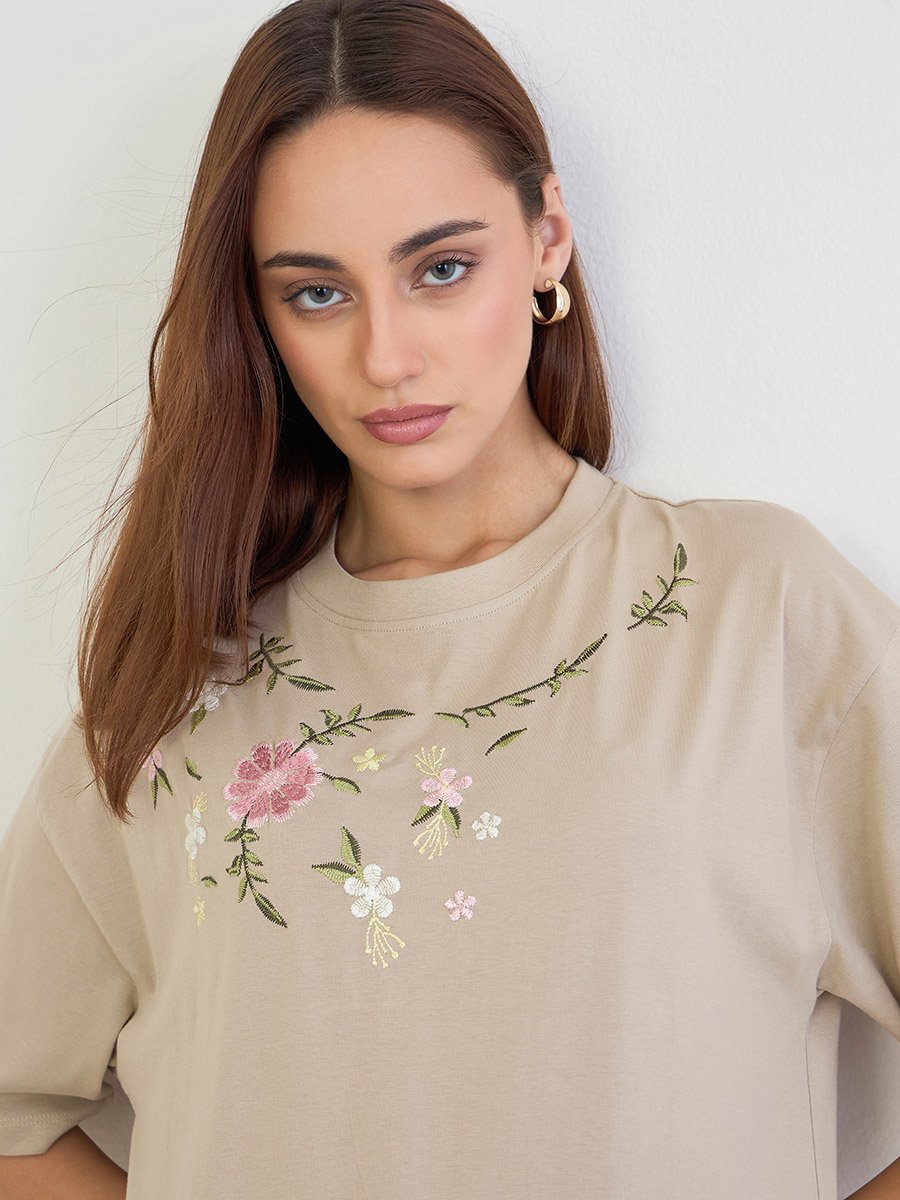Beige Embroidered Floral Oversized T-Shirt