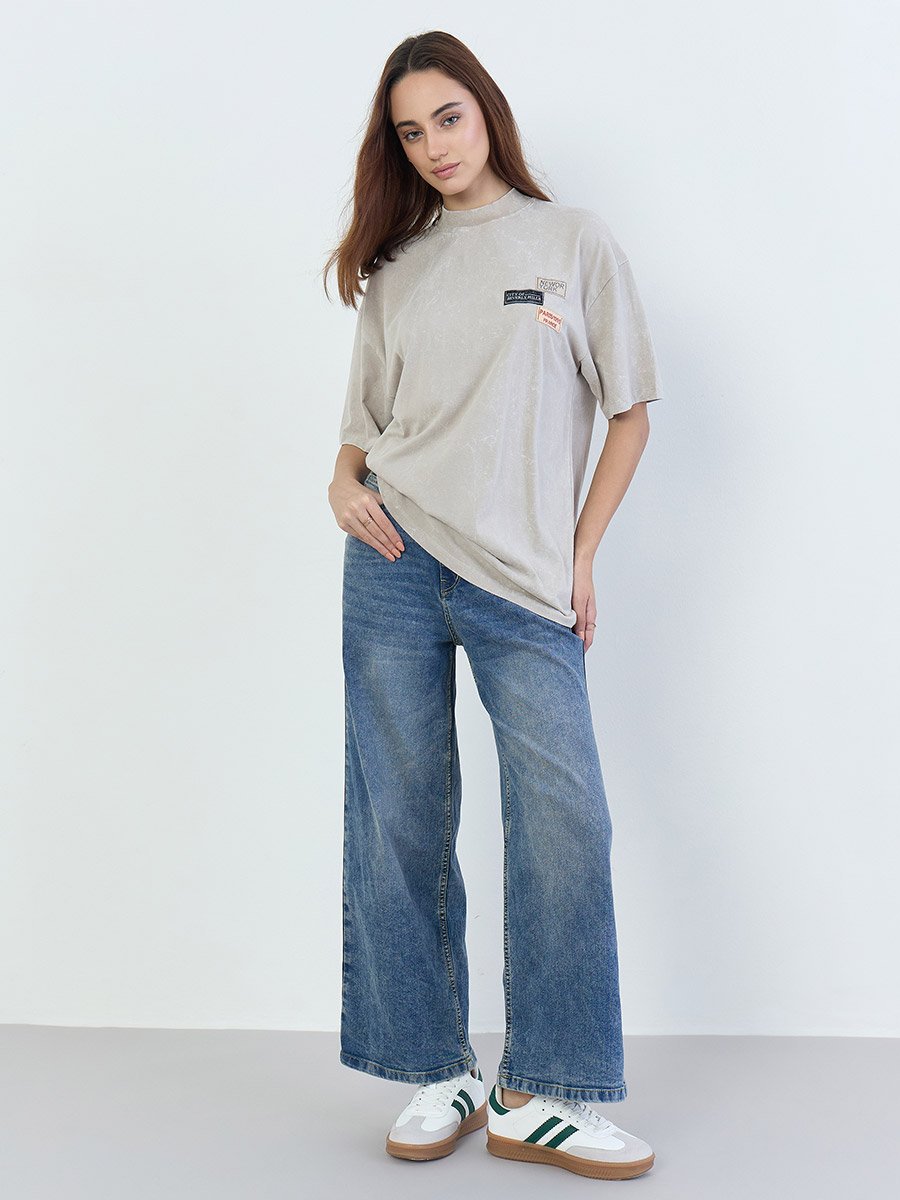Beige Washed Oversized 100% Cotton T-Shirt